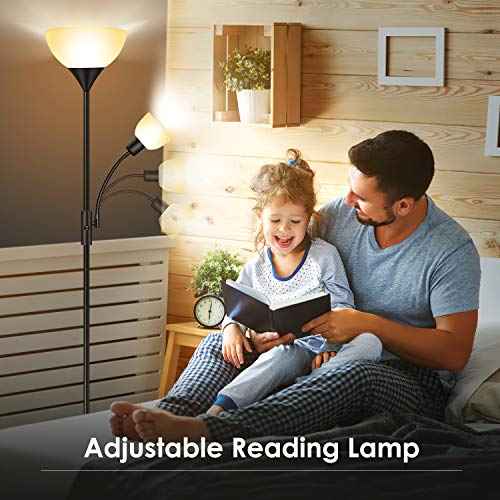 Floor Lamp, Standing Lamp, Torchiere Floor Lamp with Adjustable Reading Lamp, 71" Tall Pole Lamps, 3 Way Switch, Plastic Lampshade, Corner Floor Lamps for Living Room, Bedroom(E26 Base, No Bulb)-Black
