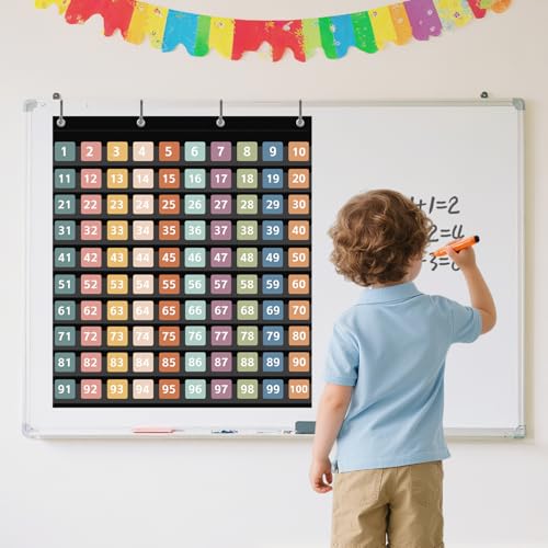 Hundred Pocket Chart with 100 Pockets and 150 Pieces Boho Double-Sided Number Cards,Number 1-100 Pocket Chart for Kids Classroom Home Counting and Organizer (Black-100 Pockets)