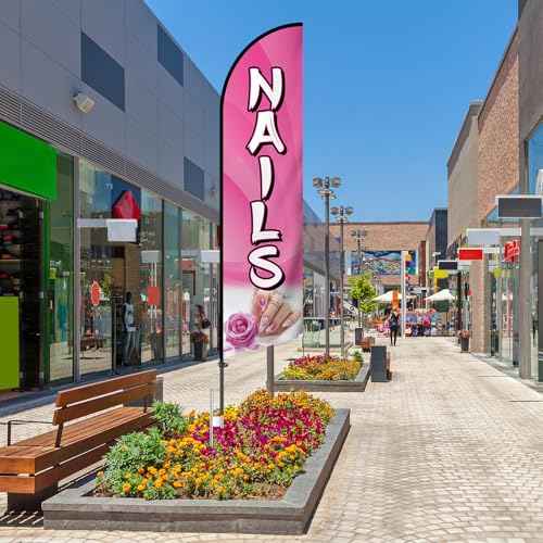 Nails Feather Flag 11 Ft Advertising Swooper Flag Banner with Flag Pole and Ground Stake Windless Shop Sign for Retail Store Outdoor Business