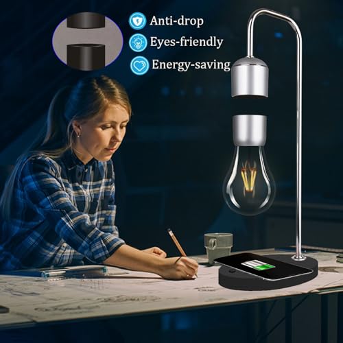 Magnetic Levitating Lamp with Wireless Phone Charger for iPhone Pro Max Floating Light Bulb LED Night Light Table Lamp Levitation Desk Lamp for Christmas Gift Bedroom Office Decoration