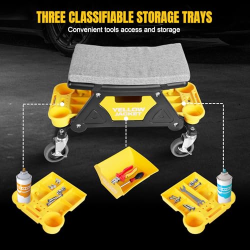 YELLOW JACKET Mechanic Stool with Wheels Rolling Stool Chair 300 lbs Capacity,Garage Mechanics Seat with Two Tool Tray and A Drawer Workshop Creeper Seat for Auto Repair Work