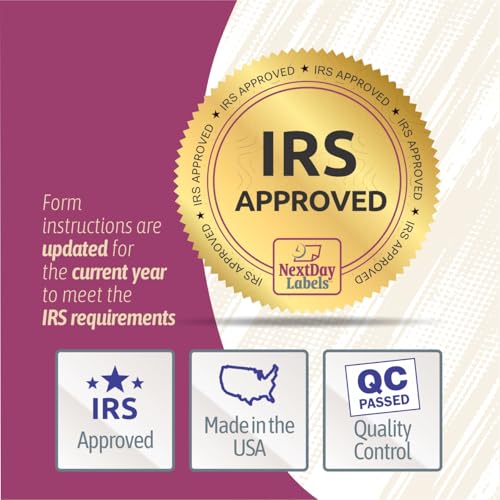 NextDayLabels - W-2 4-Up Employee Tax Forms, Instructions on Back" for 2025, for Laser/Inkjet Printer. Compatible with QuickBooks and Accounting Software (Pack of 100 Sheets & Self Seal Envelopes)