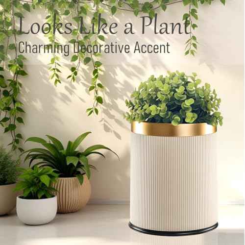 Yatmung Bathroom Trash Can with Lid - Decorative Trash Bin (Faux Plant) - Small Bathroom Garbage Can - Bedroom, Living Room, Entryways - Plastic Hidden Waste Basket - 2.6 Gal, Cream with Gold Edge
