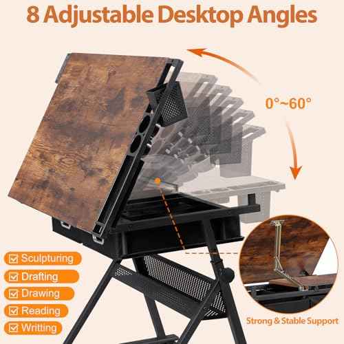 SUPER DEAL Drafting Table Set with Charging Station, Height Adjustable Tilting Drawing Desk Artist Desk with Stool Multifunctional Art Craft Workstation with 2 Storage Drawers for Home Office School