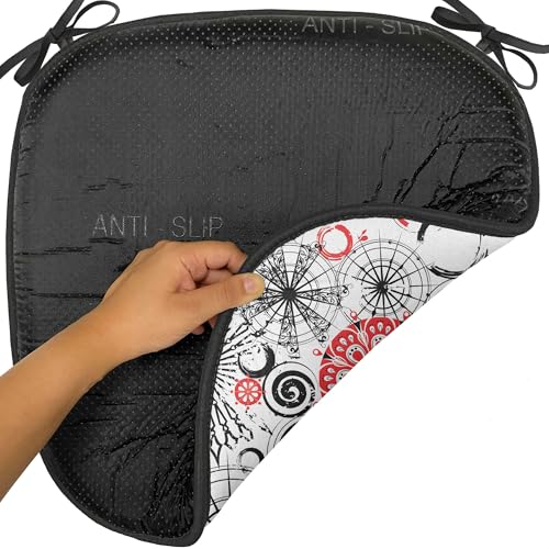 Ambesonne Mandala Chair Seating Cushion Set of 8, Grunge Looking Round Floral Rounds Contrast Colors and Design, Anti-Slip Seat Padding for Kitchen & Patio, 16"x16", Vermilion Black White