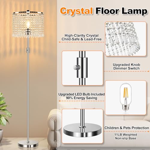 ¡¼Upgraded¡½ Dimmable Floor Lamps for Living Room, 1000LM LED Bulb Included, Standing Lamp with Crystal Lampshade, Tall Silver Pole Light for Bedroom Nursery Office Corner Reading
