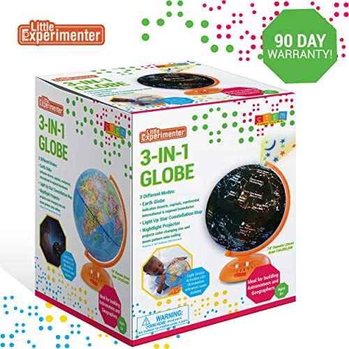 Little Experimenter 3-in-1 Light Up Globe for Kids, 8¡± Illuminated Star Map World Globes & Built-in Night Lamp Projector, Learning & Educational STEM Toys, Gifts for Kids Ages 8 9 10 11+ Years Old