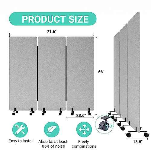 Soundproof Room Divider with Wheels, 66in Office Dividers for Sound Proofing & Reducing, 3 Panel Sound Proof Dividers for Office Partitions Portable Temporary Wall Acoustic Wall Divider£¬Light Grey
