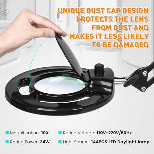 10X Long Magnifying Glass with Light, 2200 Lumen & 24W Stepless Dimming LED Magnifying Lamp with Clamp, Adjustable Swing Arm Lighted Magnifier Light, Hands Free Craft Lamp for Hobby Repair Reading