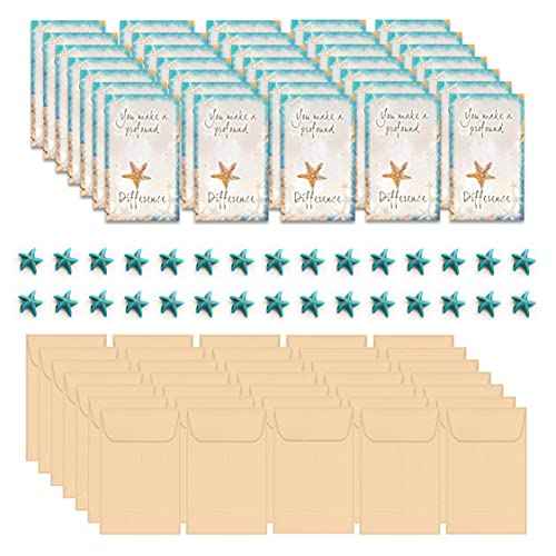 Smiling Wisdom - 30 Bulk Gifts - Starfish Story You Make a Profound Difference - Staff Employee Team Appreciation Mini 3.5X2 in Card & Turquoise Starfish - 90pcs - Kraft Envelopes