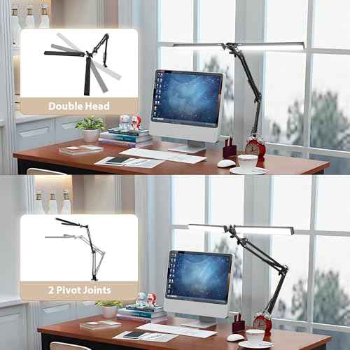 Dual Head LED Desk Lamp with Clamp, 2X Brighter Swing Arm Light - 3 Colors 10 Brightness, Eye-Caring Adjustable Architect Lamp for Dual Monitors, Drafting, Workbench & Home Office