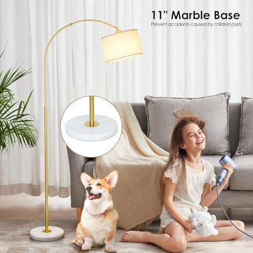 Arc Floor Lamp with Remote, Modern Standing Lamp for Living Room with Stepless Dimmable Bulb, Drum Shade, Foot Switch, Tall Floor Lamp for Farmhouse Bedroom Night Stand (Gold)