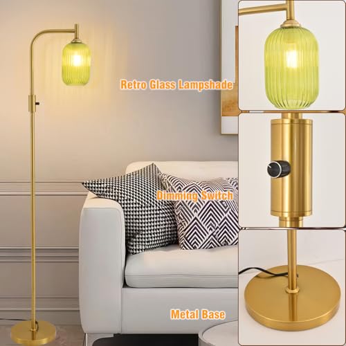 Dimmable Brass Gold Floor Lamp, Mid Century Modern Standing Lamp with Ribbed Green Glass Lampshade,Tall Lamp for Living Room Bedroom Study Room