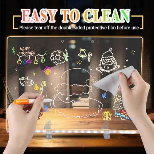 LED Note Board with 7 Colors, 11.8"x7.9" Acrylic Dry Erase Board with Light, 4 Modes Led Drawing Writing Board for Kids with 7 Marker Pen, Light up Message Board with Stand, Glow Rewritable Memo Board