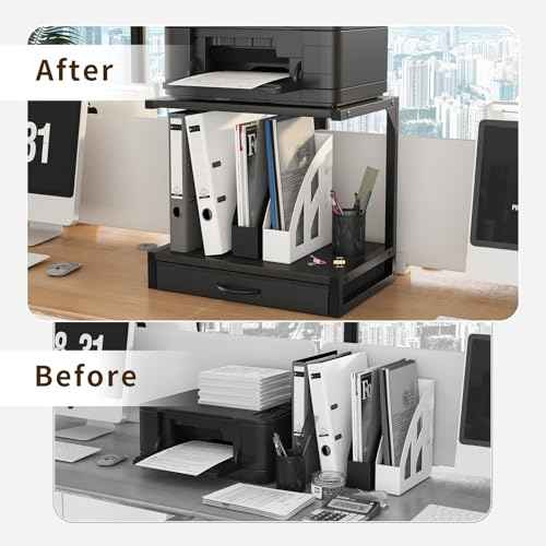 2-Tier Desktop Printer Stand and Storage Shelf, Home Office Desk with Fabric Drawer, Organizer for 3D Printer, Fax Machine, Scanner, Compact Size 17.3"x11.8" Printer Stand for Desk, Black