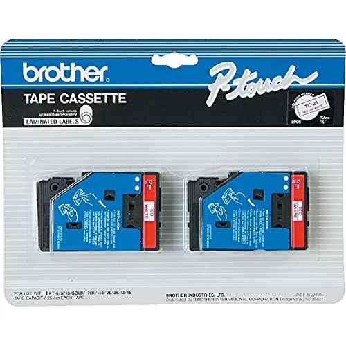 Brother TC-21 Red on White Tape Cartridges for P-Touch Labelers, .47" x 25.2' 2/Pack