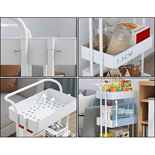 Sooyee 3 Tier Utility Cart,Rolling Cart with Handle and Lockable Wheels, Multi-Functional Storage Cart for Office, School,Living Room, Kitchen, Bathroom, Bedroom,Laundry, White