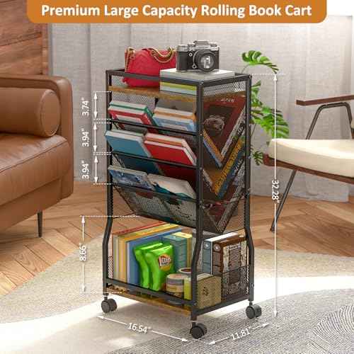 8 Tier Rolling Book Cart with Wheels, Mobile Book Storage Cart with 2 Sides Access Bookcase for Narrow Space, Rolling File Organizers and Storage for Home Office Living Room Classroom School