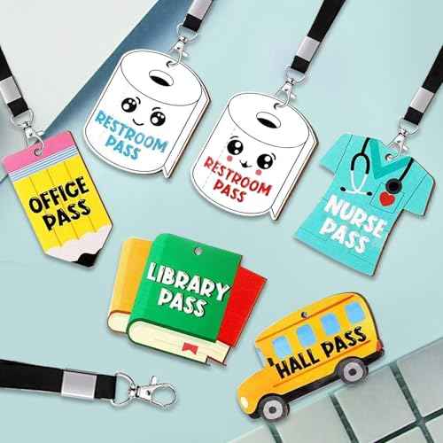 6 Sets Durable Wooden Classroom Pass Lanyards for School - Restroom,Library,Office Nurse Permission Passes for Elementary Middle High School