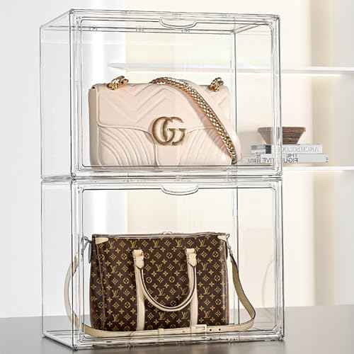 2 Pack Extra Large 4 Tiers 15.7"X11.8"X9.8" Clear Acrylic Organizer Box Display Case, Plastic Holder with Magnetic Door and 3 Division Boards for Books, Handbags, Purses, Boots