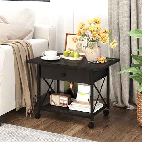 EasyCom 23.6" x 15.7" Extended Desktop Printer Stand with Storage Drawer, 2-Tier Under Desk Shelf Rolling Printer Cart with Wheels, Large Table for Home Office Fits 3D Printer Scanner Black