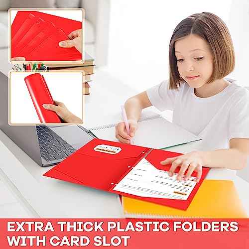 Henoyso 24 Pack Plastic Folders with Clear Front Pocket Back to School Heavy Duty File Folders with 2 Pockets and Card Slot for Student School to Home Supply, Office, Teachers (Red)