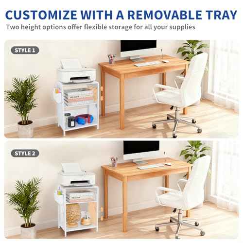 White Printer Stand with Storage Shelf, Small 3-Tier Height Adjustable Printer Table, Industrial Under Desk Printer Stand with Basket & 3 Hooks for Home Office Fax Machine Scanner Files
