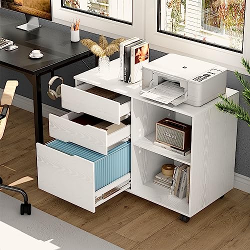 Sweetcrispy 3-Drawer File Cabinet Lateral Mobile Filing Under Desk Storage Organizer with Wheels Printer Stand & Open Shelves for Home Office Organization, Whitewood