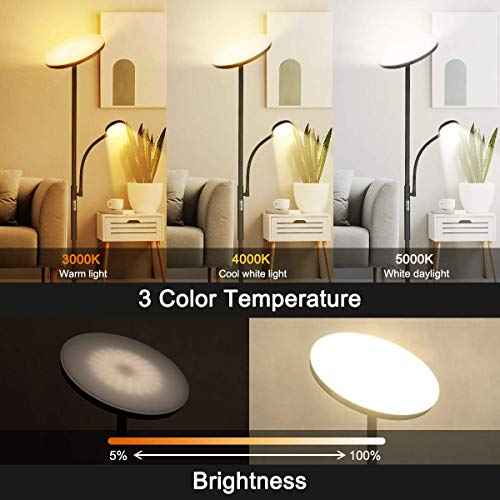 Led Floor Lamp Torchiere Floor Lamp with Adjustable Reading Lamp,2000lumens Main Light and 400lumens Side Reading Light for Living Room, Bedroom, Office, Work with Remote Control, Matte Black