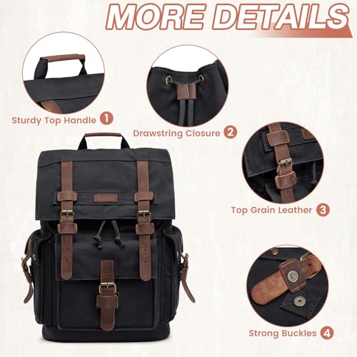 Kattee Men¡¯s Leather Canvas Backpack Large School Bag Travel Rucksack Black