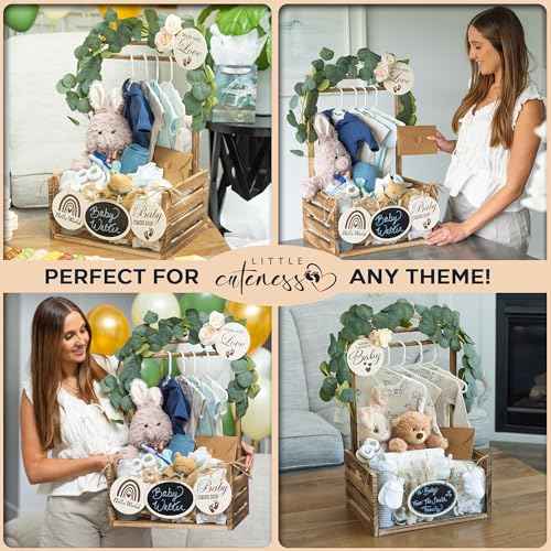 Wooden Baby Shower Crate Closet with Clear Acrylic Front - Customizable Wooden Crate Box with Dual Rod System, Easy Assembly Baby Baskets and Gift Display for Baby Shower (Burnt Wood)