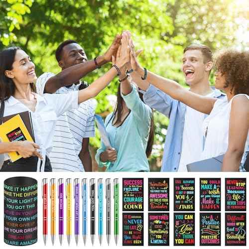 Sabary 150 Pcs Welcome Back to School Gifts Bulk Inspirational Notepads Motivational Ballpoint Pens Motivational Quote Rubber Wristbands Set Pocket Journals Metal Pens for School Office Supplies