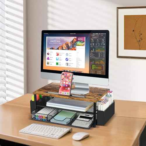 AUPSEN Wood Desk Organizers and Accessories, 2-Tier Computer Monitor Stand Riser with Drawer, Pen Storage & Phone Holder, Office Desk Accessories, Workspace Desktop Organization for Office Supplies£¨Brown£©