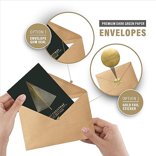easykart labels 60 Gold Foil Christmas Greeting Cards with Envelopes | Dark Green Col & Embossing on Christmas Tree | 5.75 x 4.25 Inch Merry Christmas Cards with Seal Stickers For Friends , Family and loved Ones