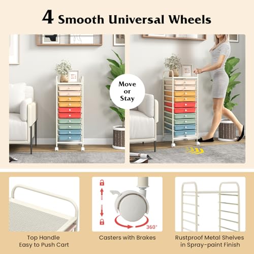10 Drawer Storage Cart, Rolling Cart with Lockable Wheels, Trolley Utility Cart with Removable Drawers, Mobile Organizer with Handle for Living Room Kitchen Home Office (Macaron)