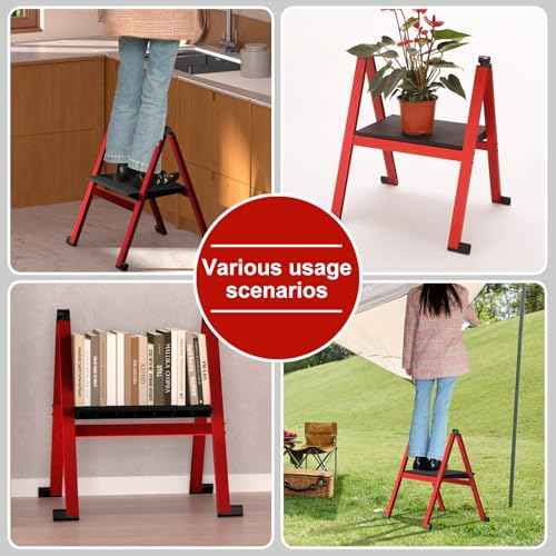 Folding Step Stool,Aluminum Ultra Thin Stool,400 Lbs Capacity Heavy Duty with Anti-Slip Sturdy and Wide Pedal,Closet Step Ladder for Home,Kitchen,Office and Dorm Bed (Red)