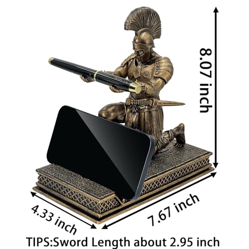 Roman Warrior Pen Holder knight Desktop Organizer and Accessories Resin Pen Holder as Gift with Short Swordfor Office and Home (Antique Bronze)
