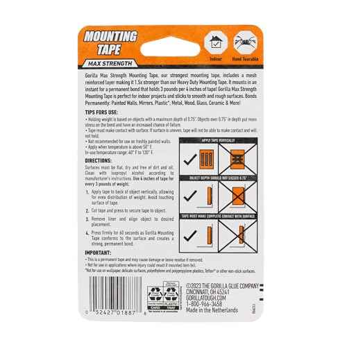Gorilla¢ç Max Strength Mounting Tape, Double-Sided, Instant Hold, Permanent Bond with Reinforced Strength, 1 inch x 60 inches, Black (Pack of 1)