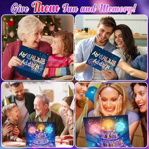 Fireworks Birthday Cards, 3D Pop Up Blowable Cake Greeting Cards with Lights Music, Happy Birthday Gifts for Women Men Kids Mom Dad Grandma