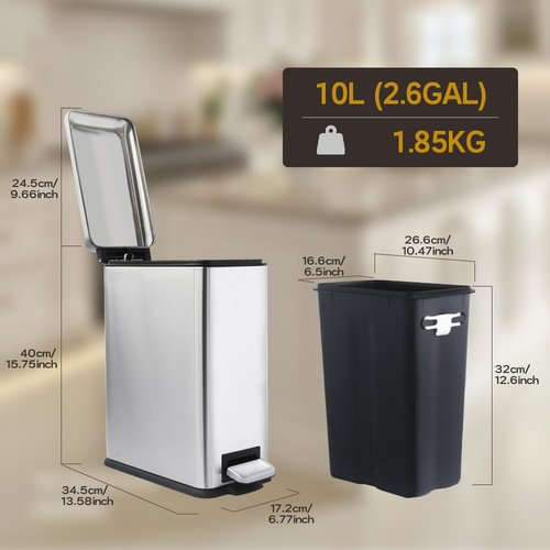 JM ·YIPENG Bathroom Trash Can, 10L/2.6 Gallon Stainless Steel Step Slim Garbage Can, Pedal Trash Bin with Removable Liner Bucket, Soft Close Lid, Rectangle Trash Bin for Office, Kitchen, Bedroom