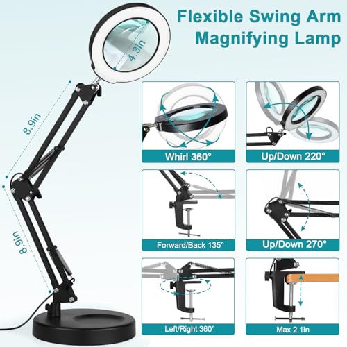 10X Magnifying Glass with Light and Stand, 2-in-1 Desk Lamp & Clamp Light, Seylae 5 Color Modes, Brightness Stepless Dimmable LED Lighted Magnifier Hands Free, Magnifier Lamp for Close Work, Reading