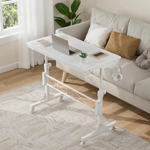 Small White Rolling Standing Desk with Wheels, 32 Inch Small Portable Adjustable Height Mobile Stand Up Desks for Treadmill Walking Pad & Teachers, Couch Sofa Side Laptop Table for Bedroom
