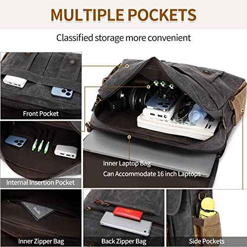 Messenger Bag for Men 15.6 Inch Vintage Canvas Genuine Leather Briefcase for Men Laptop Bag Satchel Shoulder Bag