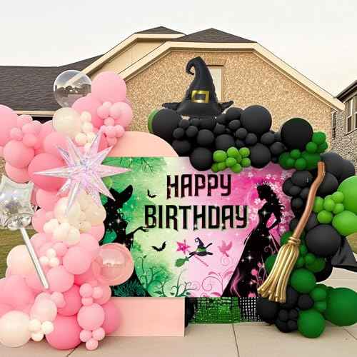 Pink and Green Birthday Backdrop Party Decorations, Witch Themed Happy Birthday Backdrop Banner Photo Booth for Princess Girls Women Castle Party Supplies Decorations