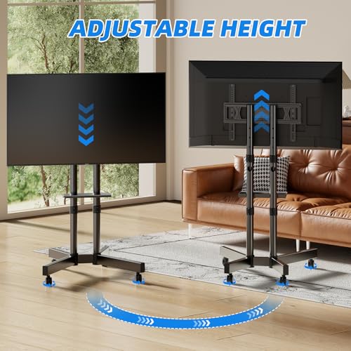 Rolling TV Stand with Laptop Shelf, Mobile TV Stand with Upgraded Wheels for 32-75 Inch TV, Height Adjustable Mobile TV Cart up to 110lbs, for Outdoor, Home, Office (with Shelf)