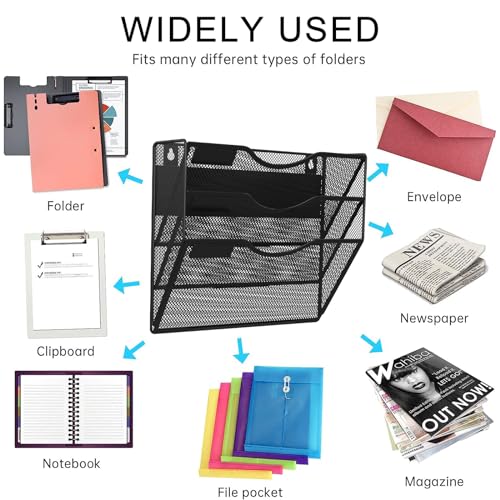 LQPAFZ 3-Tier Black Magnetic File Holder - No Drilling Wall Organizer for Documents & Magazines