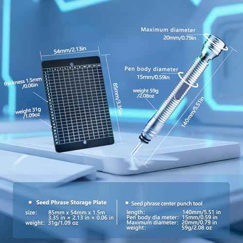 Titanium Seed Phrase Storage ? BIP39 Binary Crypto Backup Plate with 2 Glass Breaker Pens, Transparent Recovery Card, Word Index Booklet, Anti-Tamper Seals & Lock Screws ? Cold Wallet for Bitcoin