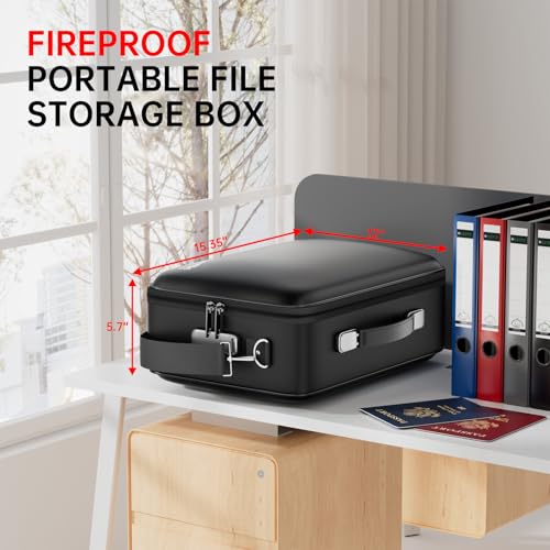 Tamfile Fireproof Document Box, Hard-Shell Design Case 5200¡ÆF Fireproof Water Safe File Box with Lock,8-Layer Fireproof Safe File Organizer for Important Documents¡¢Valuables¡¢Laptop¡¢Passports (Black)
