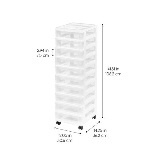 IRIS USA Plastic Drawer Storage Organizer Rolling Cart, with Wheels Casters, 10-Drawers, for Classroom Art Craft Supplies Dresser Closet Bathroom Laundry Room, White/Clear