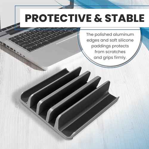 Multiple Laptop Holder Vertical ? Adjustable Laptop Vertical Stand Holds 5 Devices, Fits All MacBooks Laptops Tablets and Mobiles (up to 17.3¡±). Closed Upright Vertical Laptop Stand for Desk